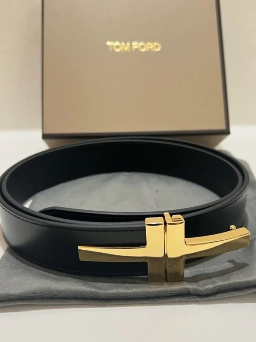 Tom Ford Smooth Leather TT Belt Gold T Buckle Size W/ Box & Dust Bag 36' Waist
